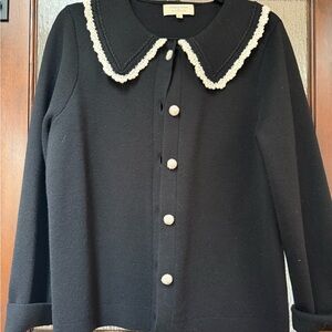 Sezane Black Cardigan with White Trim